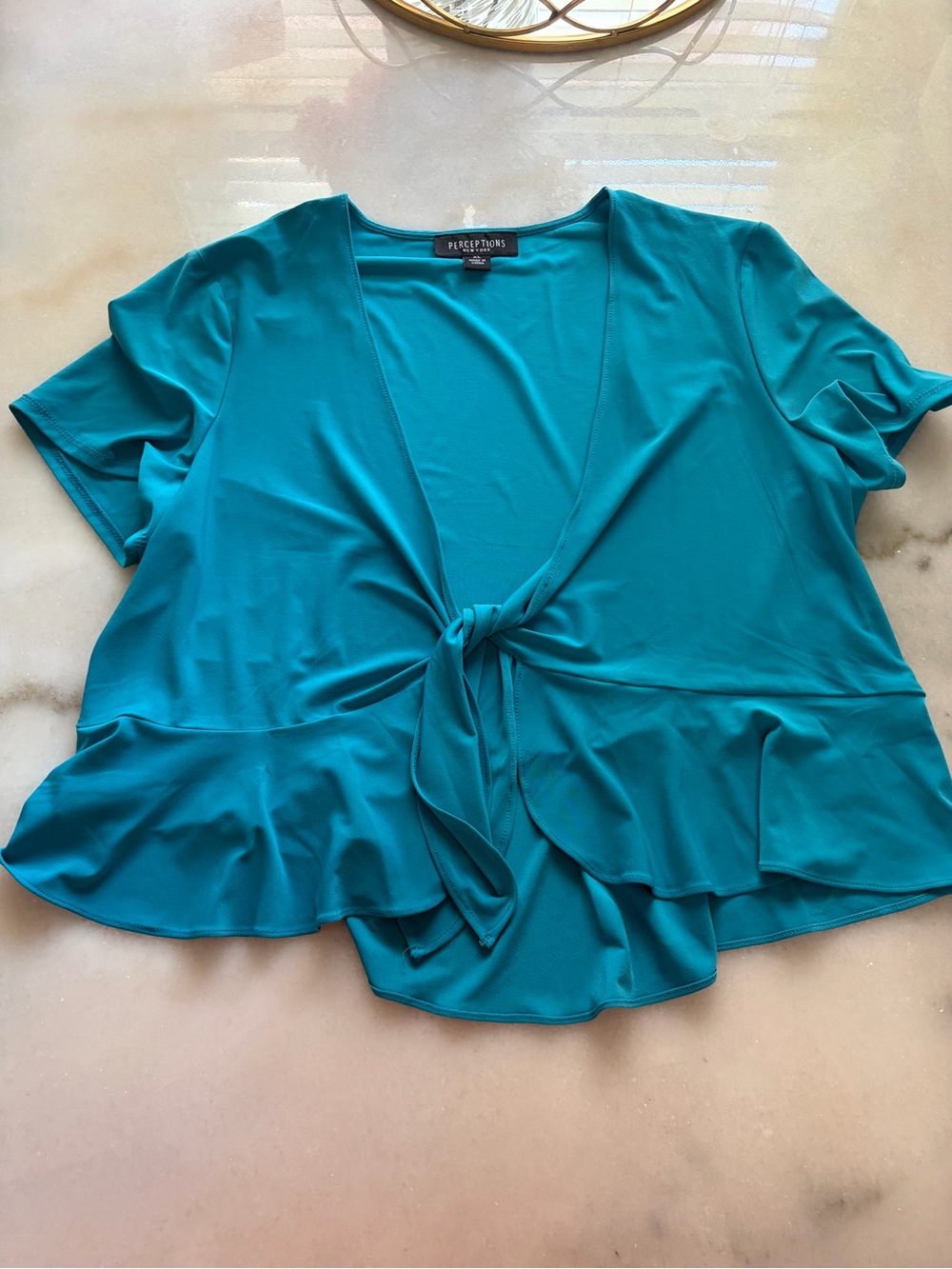 Perceptions Teal Tie-Front Ruffle Short Sleeve Blouse
